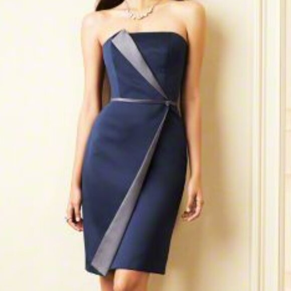 Knee-Length Sleek Satin Bridesmaids Dress, 2-Tone, Navy dress Grey Gray Accents - Picture 2 of 8